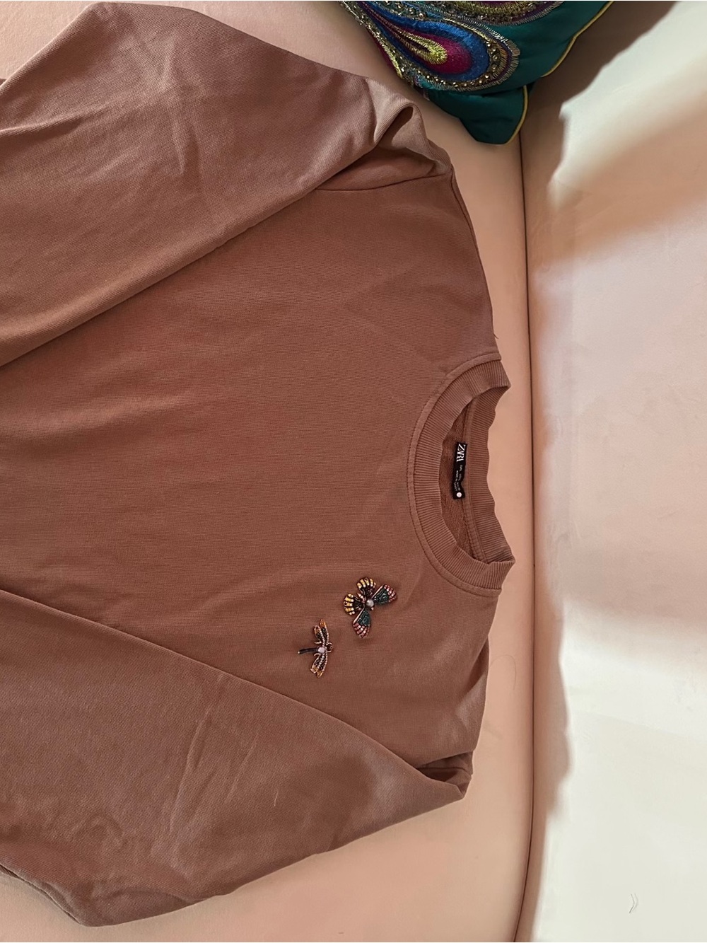 Zara Brown Crewneck Sweatshirt with Embroidered Insect Accents